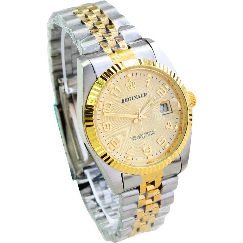 HK Luxury REGINALD Brand Mens Dress Style Full Stainless Steel Band Golden Men Quartz Watch Calendar waterproof quartz Watches