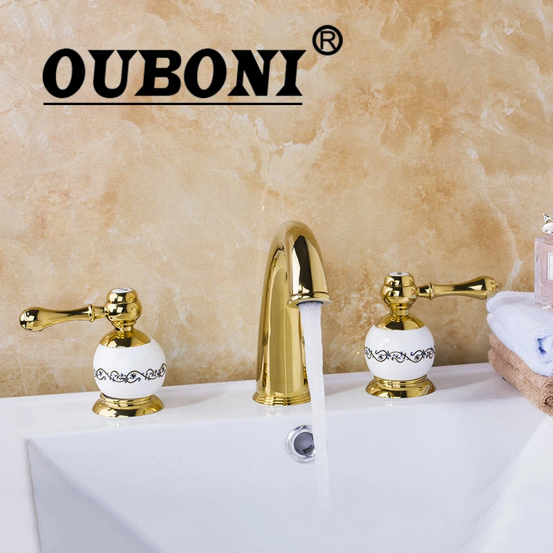 

OUBONI Luxury 3PCS Set Bathtub Golden Plated Bathroom Faucet set European Split Basin Mixer Tap ceramic Faucet Body Two Handles