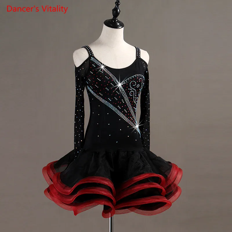 Custom Made Competition Latin/Women/girls Dance Dress Rumba Skirt Ballroom stage Costumes Long sleeve Rhinestone Dance Dress