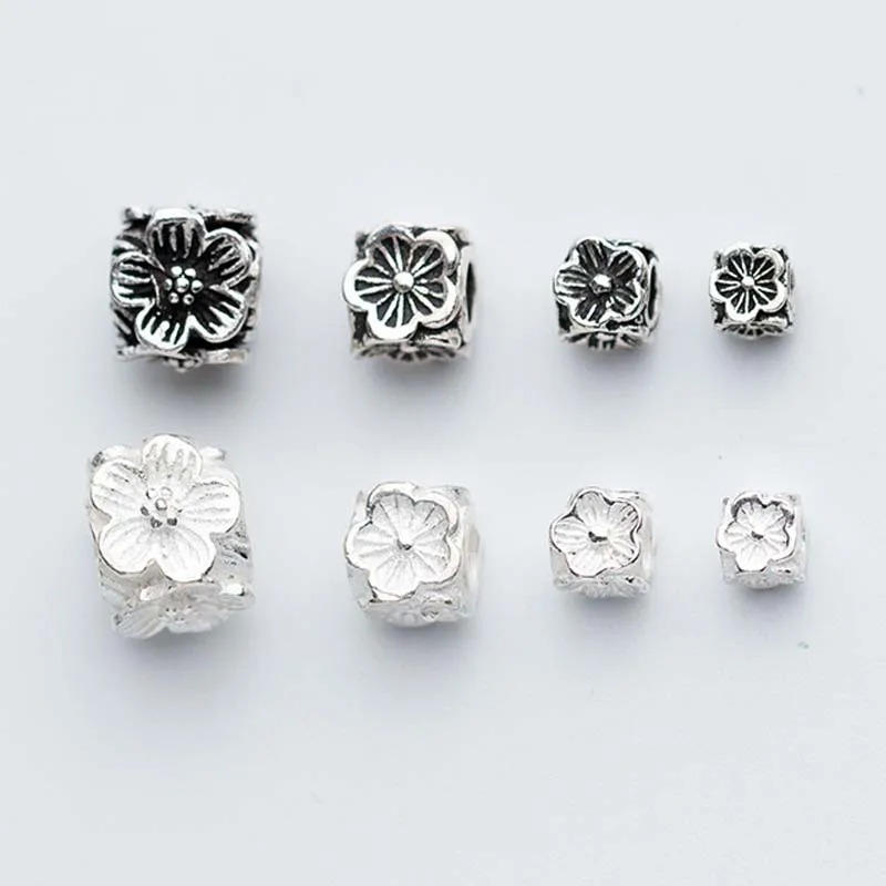 1pc/Lot 925 Sterling Silver Craft Flower Square Spacer Beads 4mm 5mm 6mm 8mm Big Hole Charms DIY Jewelry Accessories