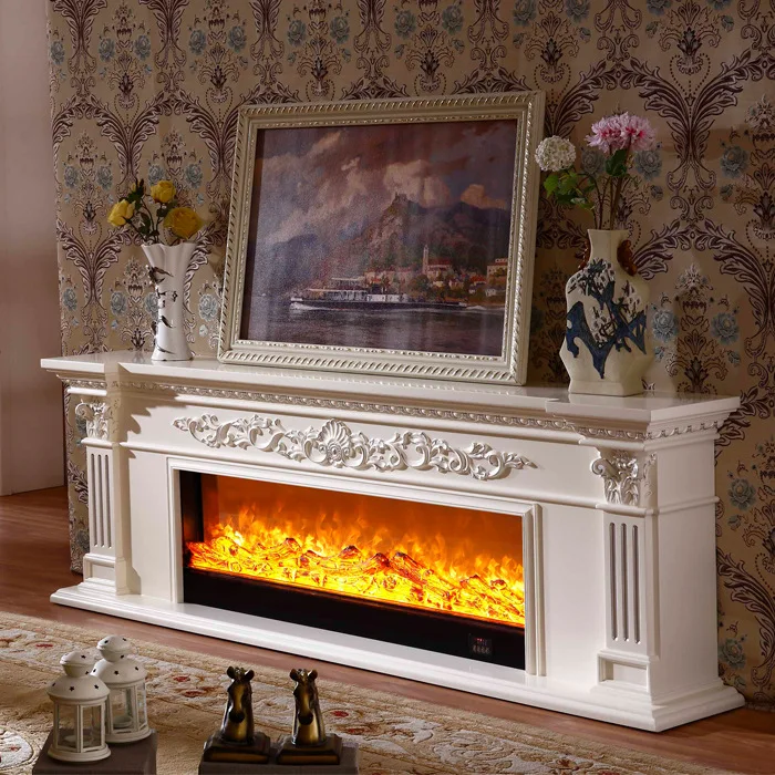 Living Room Decorative Warming Chimneypiece Wooden Fireplace Mantel TV Stand W200cm Electric Firebox Optical Artificial Flame