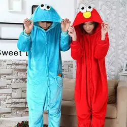 Blue Cookie Monster Red Elmo Onesies Animal Cosplay Costume Pajamas Adults One Piece Pyjamas Hooded Sleepwear