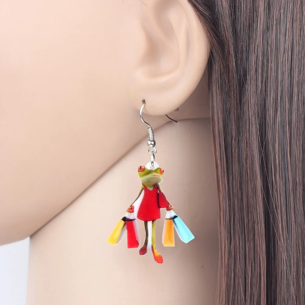 Bonsny Acrylic Shopping Lady Frog Earrings Drop Dangle Novelty Animal Jewelry For Women Girls Ladies Accessories Original Gift