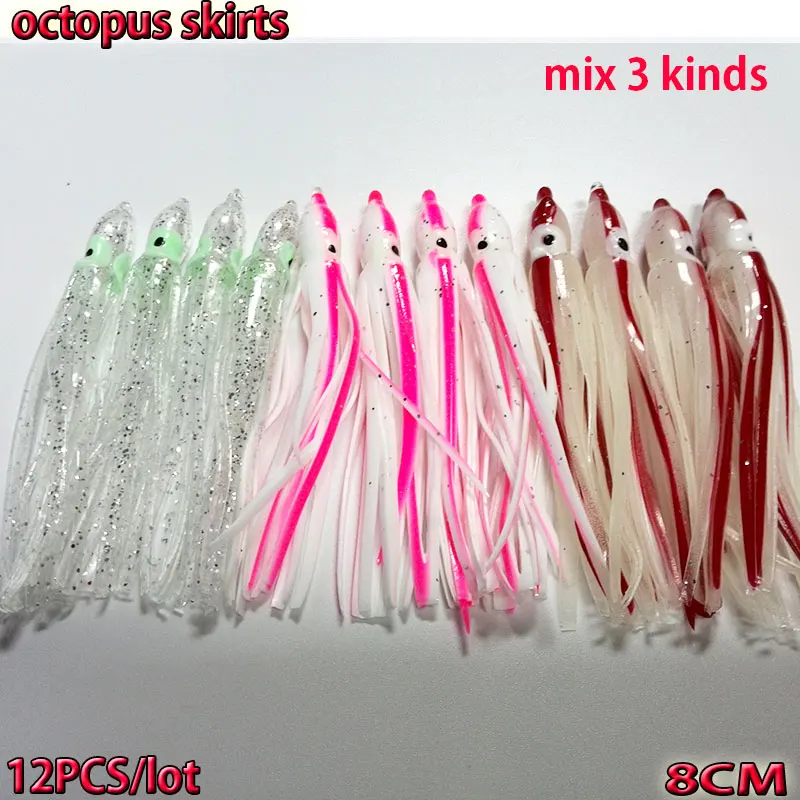 

2019 mix 3 kinds fishing squid octopus jig fishing octopus skirts length is 8CM number:12pcs/lot