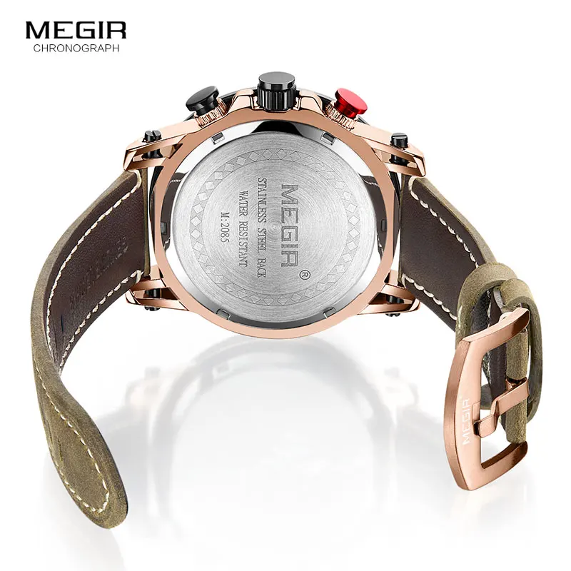 Megir Men\'s Chronograph Quartz Watches Leather Strap Clock Sportz Army Wristwatch for Man Relogios Masculino 2085 Rose Black