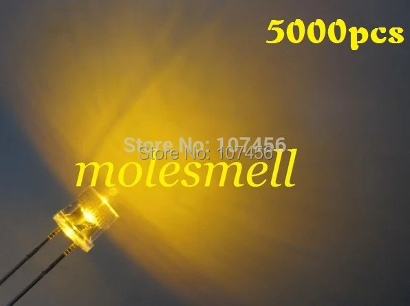 free shipping!!! 5000pcs 5mm flat top yelow LED 5mm water clear led 5mm big/wide angle yellow led 5mm flat head yellow leds