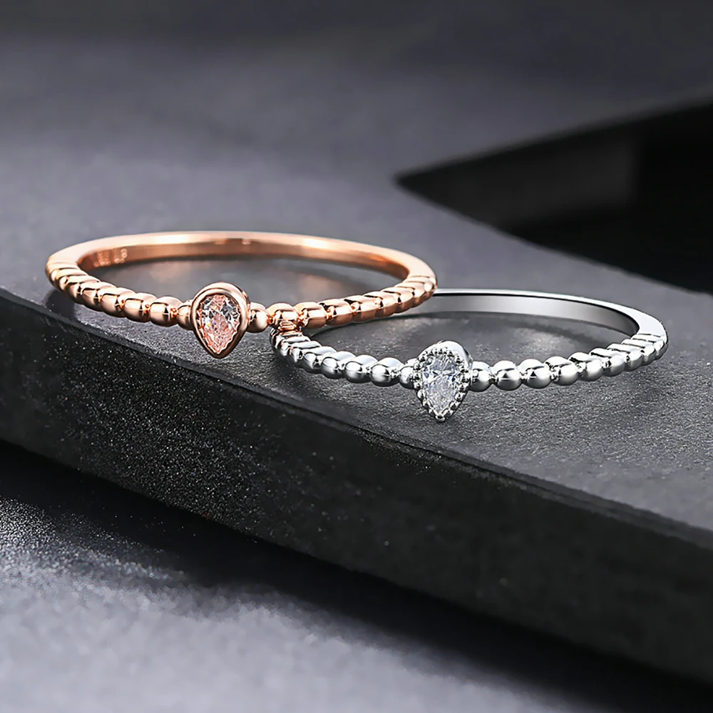 Dainty Ring For Women Simple Thin Crystal CZ Water Drop Rose Gold Color Sliver Color Proposal Gift Fashion Jewelry R421 R423