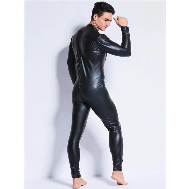 Men Sexy Wetlook Faux Leather Latex Catsuit Bodysuit Hot Erotic Lingerie zentai gay fetish Wear pvc costume Open Crotch Clubwear