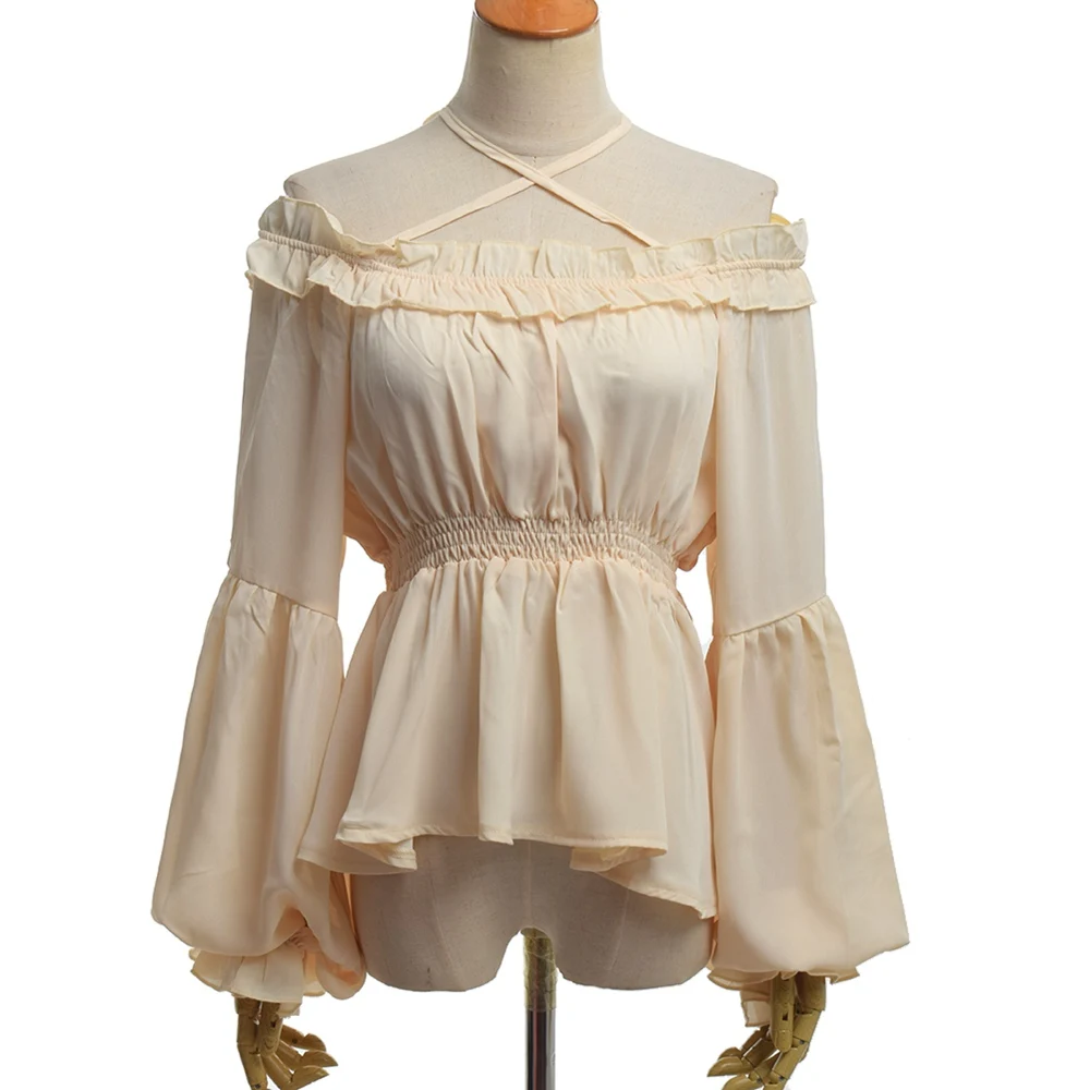 Sex Women Lolita Blouse High Waist Long Sleeve Halter Neck Shoulder Off Flounce Chiffon Shirt