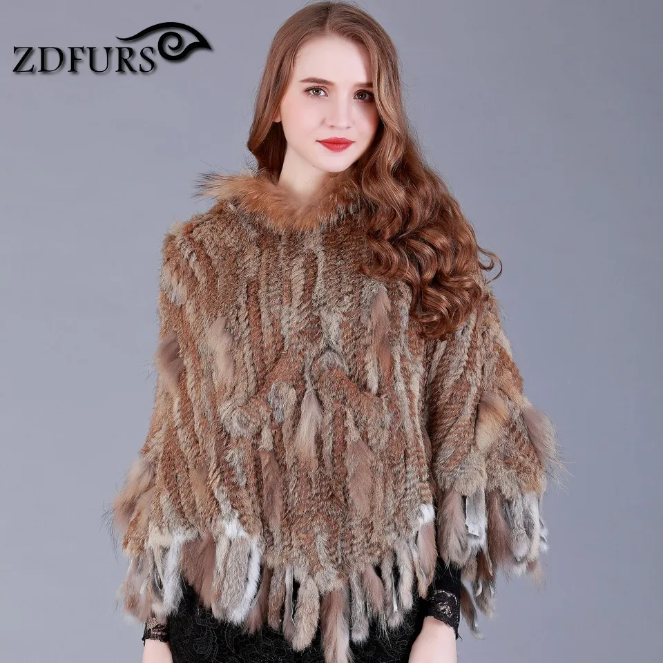 ZDFURS * Real  Knitted Rabbit Fur Poncho raccoon fur trimming rabbit fur Shawl  with Tassels and pocket Wrap women