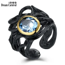 DreamCarnival 1989 Neo-Gothic Sea Blue Oval Zirconia Vintage Ring for Women Black Gold Color Bague Femme Wholesales WA11488