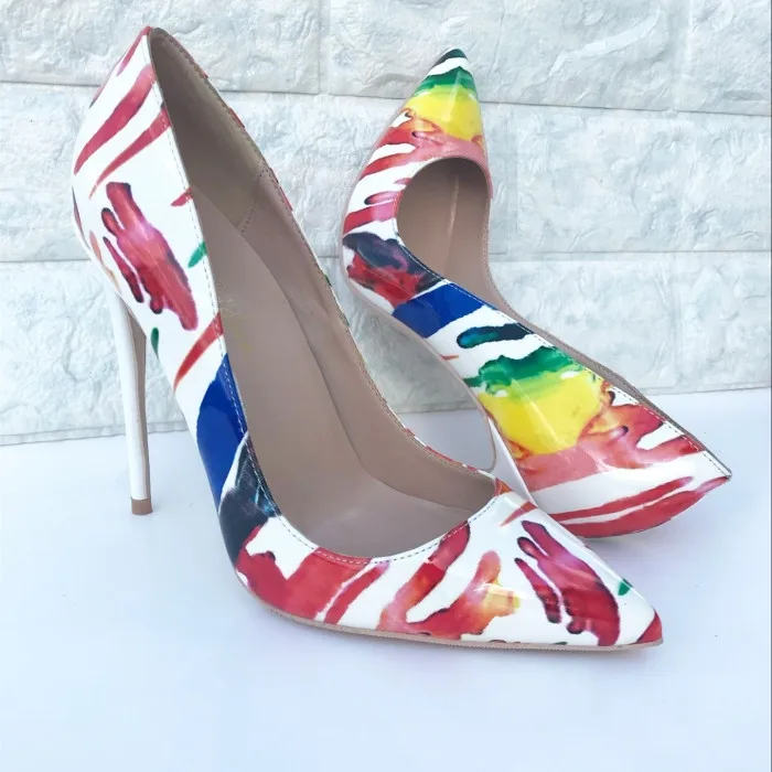 Fashion White Patent Leather Graffiti Pointed Pumps Women Shoes Stiletto Heels Sexy Printed Dress Shoes 12cm Large Size