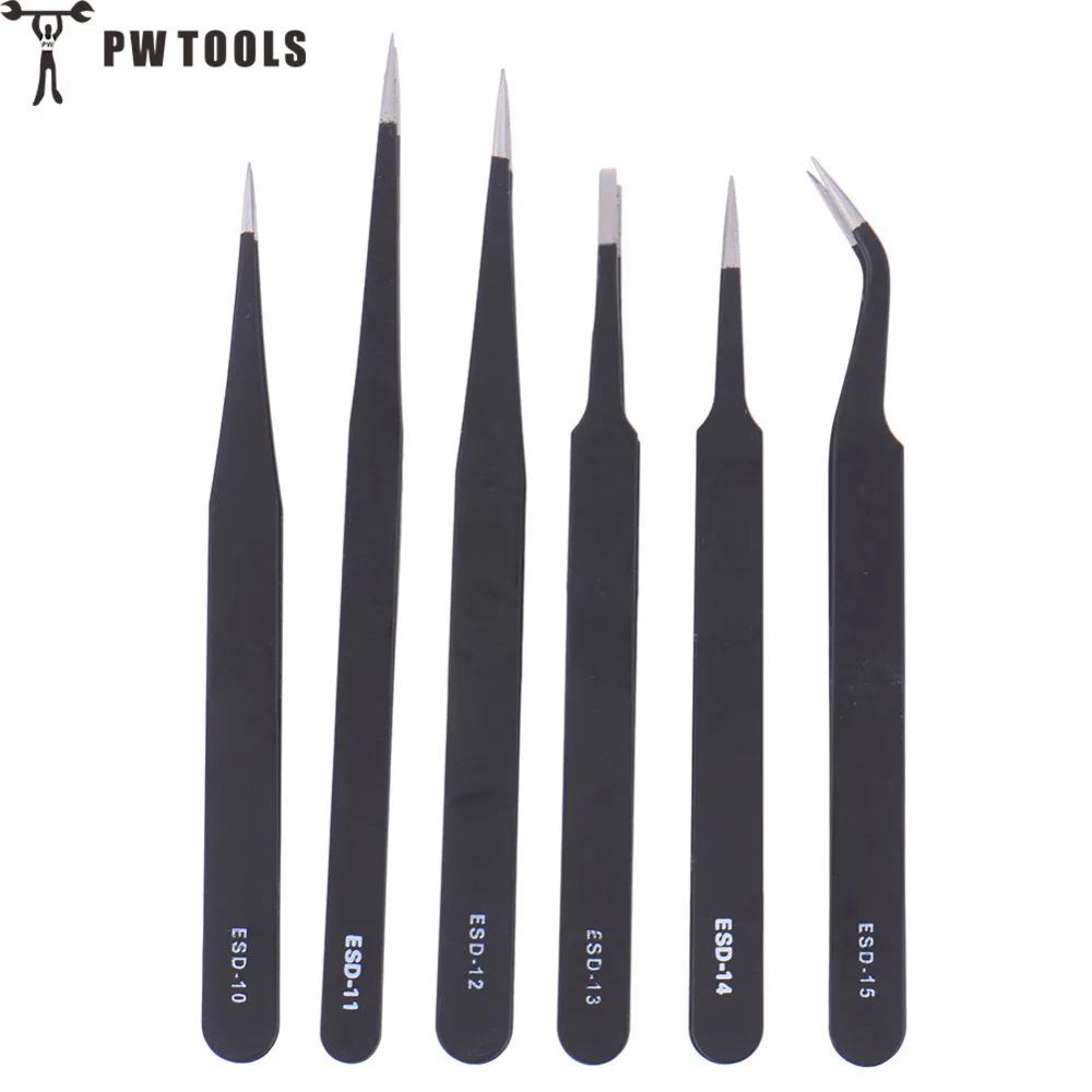 PW TOOLS 6 Pcs/Set Safe Anti-static Stainless Steel Tweezers Repairing Maintenance Tools ESD Multi Function ESD Tools