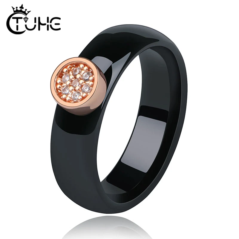 6MM Smooth Ceramic Rings for Female Rose Gold Metal Bling Crystal Black White Ceramic Rings Engagement Gift bague femme Free