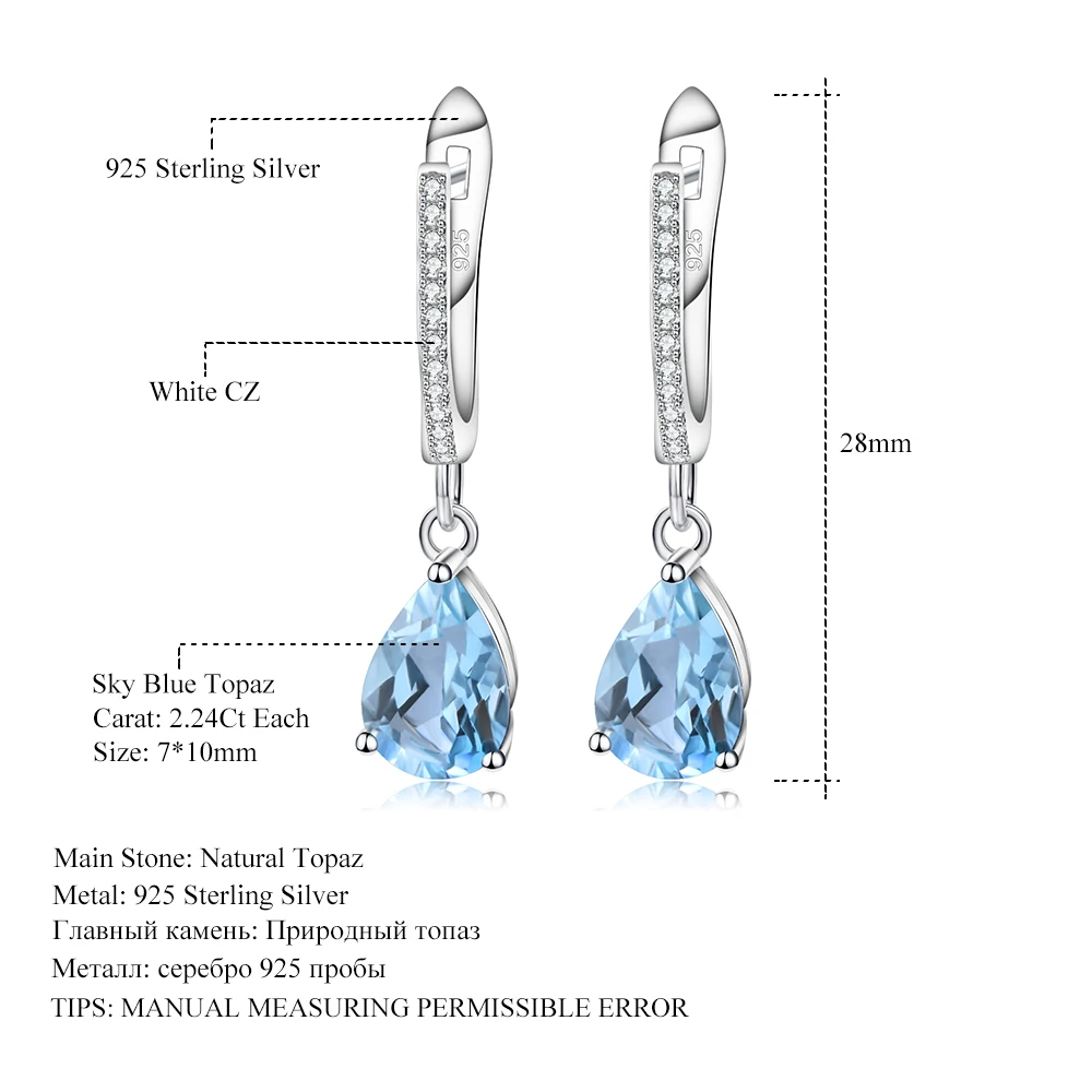 Gem\'s Ballet Natural Sky Blue Topaz Earrings Genuine 925 Sterling Silver Fine Jewelry 7x10mm Drop Earring For Women Fashion