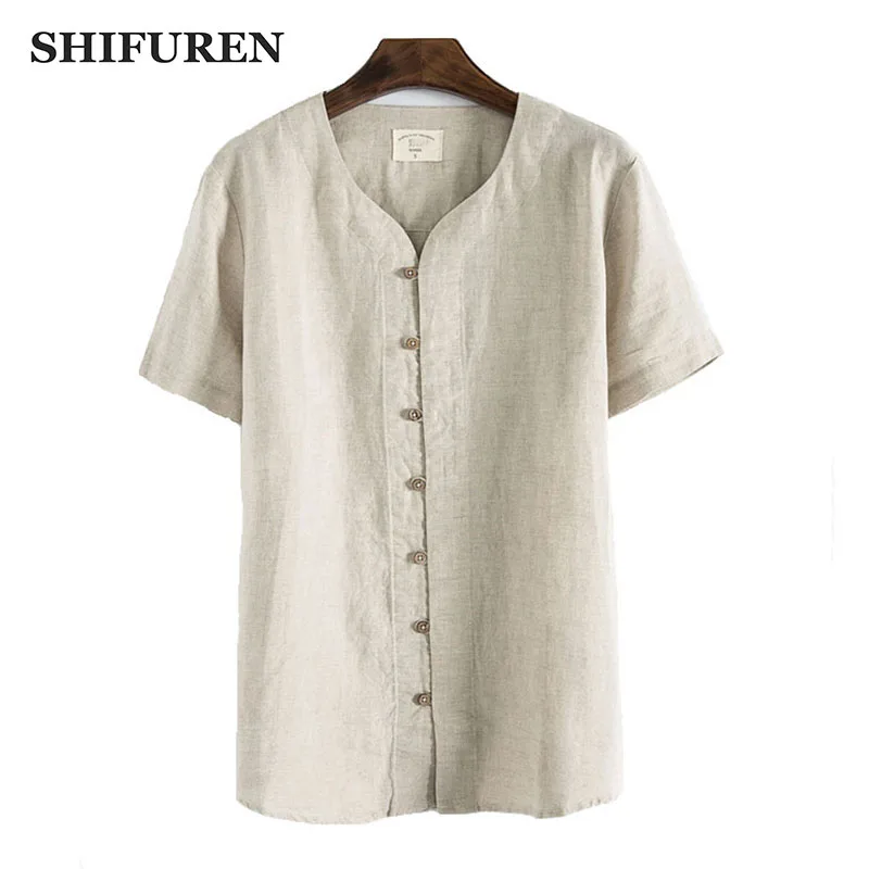 

SHIFUREN 100% Pure Linen Shirts Men Short Sleeve Summer Breathable Retro Chinese Traditional Kongfu Linen Shirts Single Breasted