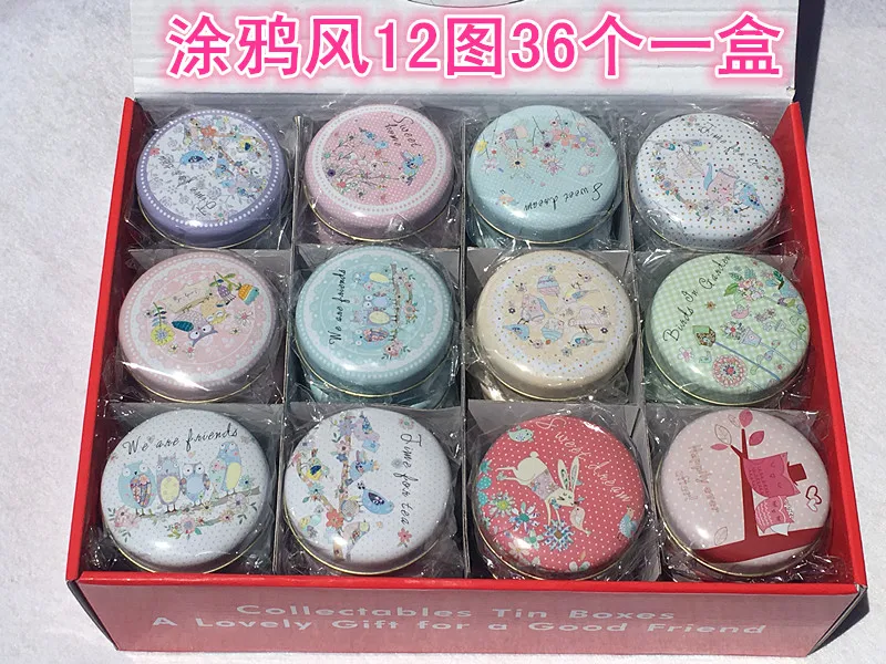 36pcs/box Cartoon Owl Design Tin Storage Box Round Jewelry Box Portable Sundrie Case Pill collect Box Mini Gift Box