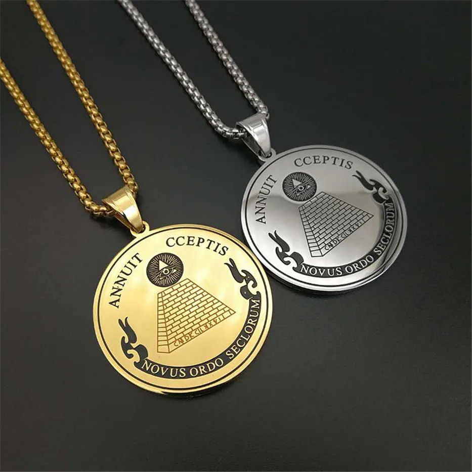 Hip Hop Round Coin All Seeing Eye of Providence Pendants Necklaces For Women/Men Gold Color Stainless Steel Masonic Jewelry