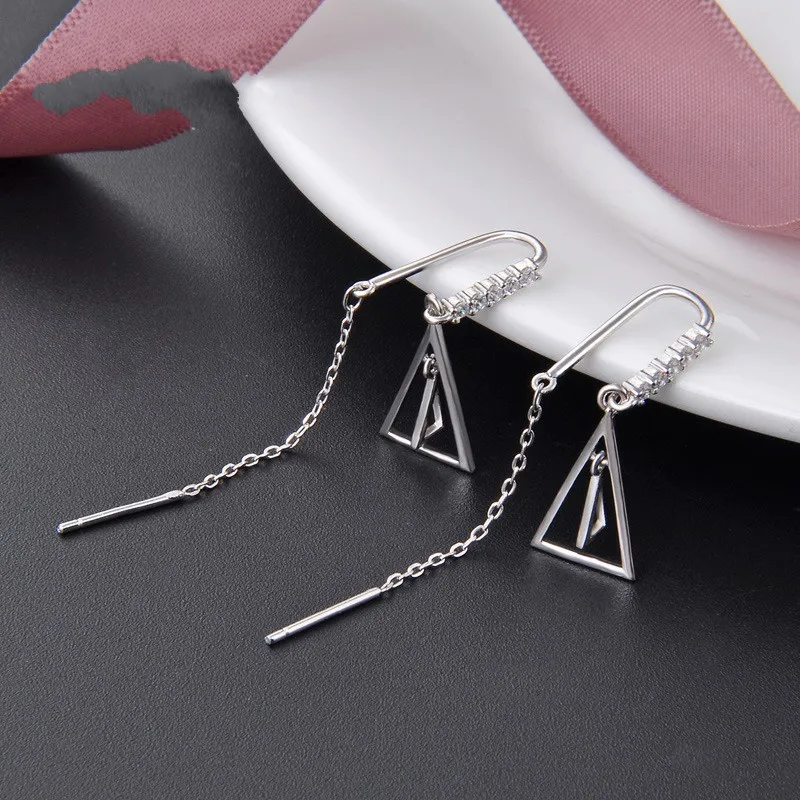 

S925 Silver Triangle Earrings Female Korean Style Mini-zircon Hollow-out Earrings