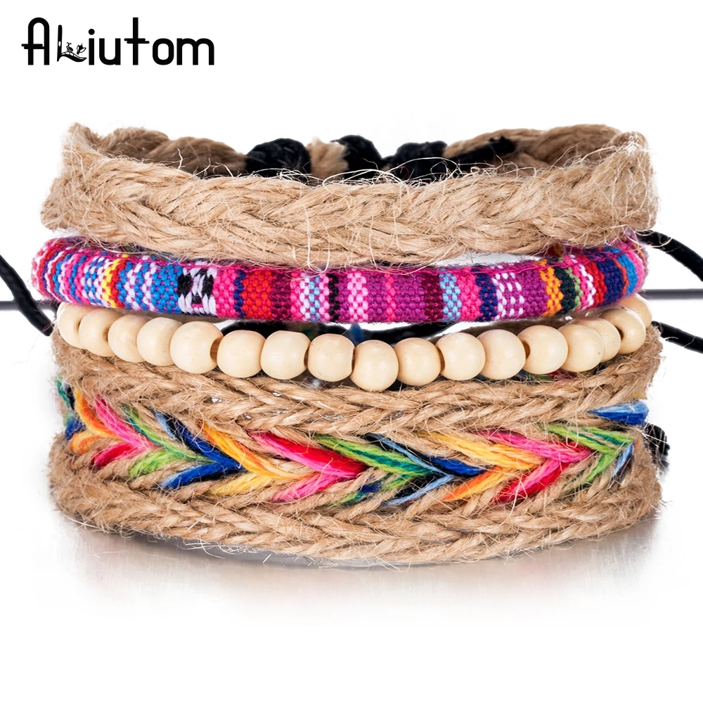 ALIUTOM-Multicamadas Pulseiras Tecidas, coloridas frisada Pulseiras, Handmade Hemp Rope, Hippy Boho, Algodão Bordado, Amizade Pulseiras, 4Pcs Set