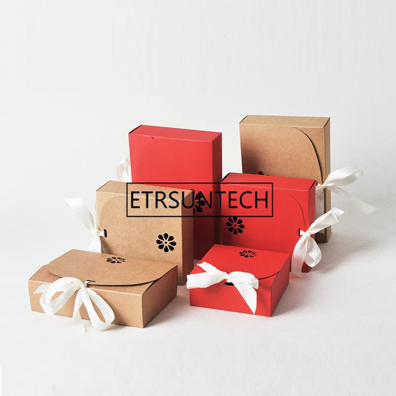 

200Pcs/Lot 4 Size Vintage Retro Red/Kraft Paper Box, DIY Wedding Favor Gift Box, Single Cake Box Packaging With Ribbon