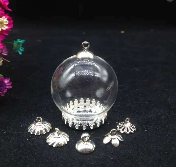 50pcs 30*20mm clear Glass globe bubble crown base 8mm cap necklace set DIY glass vial pendant glass cover dome jars accessories