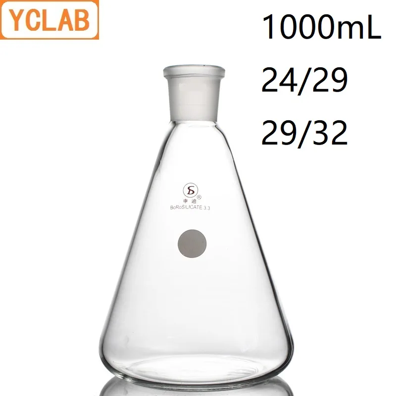 YCLAB 1000mL 24/29 & 29/32 Erlenmeyer Flask 1L Borosilicate 3.3 Glass Standard Ground Mouth Conical Triangle Labware