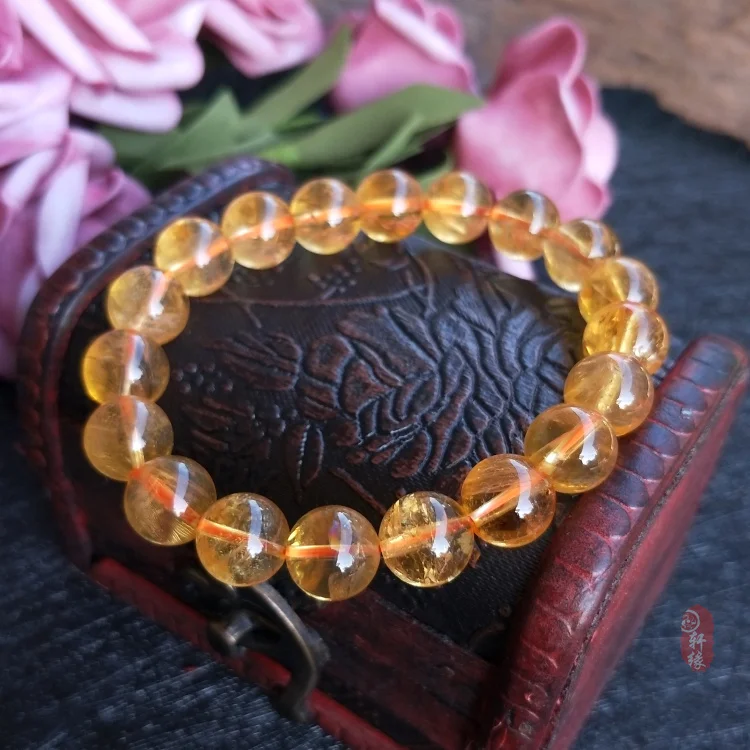 Exquisite Natural Yellow Crystal Jade Bangle Hand Carved Bead Bracelet Amulet Lucky 12 mm Bead