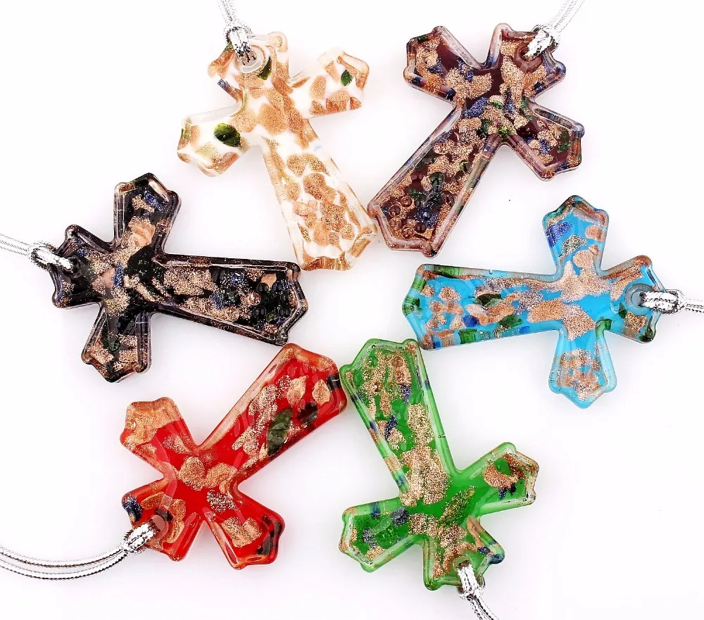 Hot Sell Wholesale Bulk 6pcs Murano Lampwork Glass Cross Pendant Charm Necklace For women\'s Gift