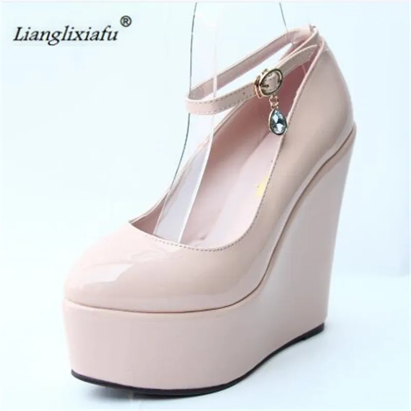 Small Yards:30 31 32 33 34 Plus Size Sweet Wedges Stilettos Wedding Shoes For Woman Sexy 15cm High Heels Platform Buckle Pumps