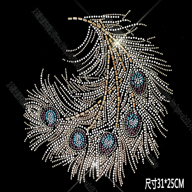 big size feather motif rhinestones fix iron on Rhinestone transfer heat beads patch applique clothing bag decoration patches