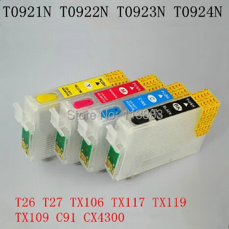 

92N T0921N-T0924N Refillable ink cartridge for EPSON T26 T27 TX106 TX117 TX119 TX109 C91 CX4300 Printers Auto reset chip