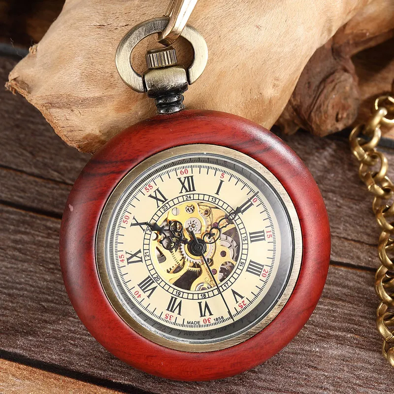 Reloj de bolsillo mecánico con caja de madera Vintage para hombres, reloj de esqueleto con cadena FOB colgante para niños y mujeres, números romanos, mano de viento