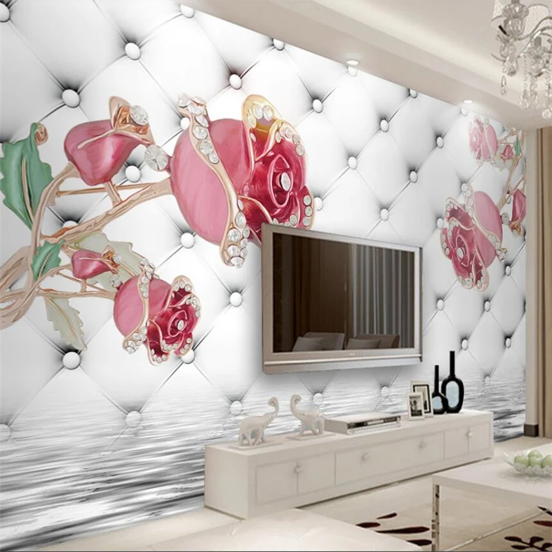 

wellyu 3d luxury pink roses soft jewelry TV background wall custom large mural home decor wallpaper papel de parede para quarto