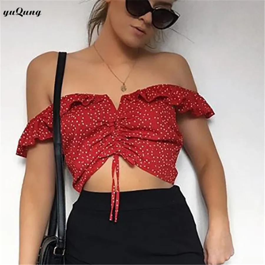 

yuqung Sexy polka dot ruffles off shoulder crop top women summer Drawstring Runch Cropped Camis 90s Tees Street wear P02