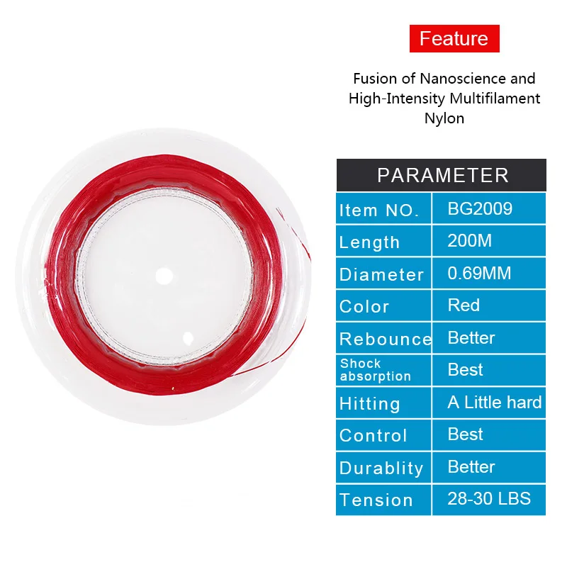 Cuerda de Bádminton de alta tensión, 200 metros/660 pies, sensación media de alta calidad