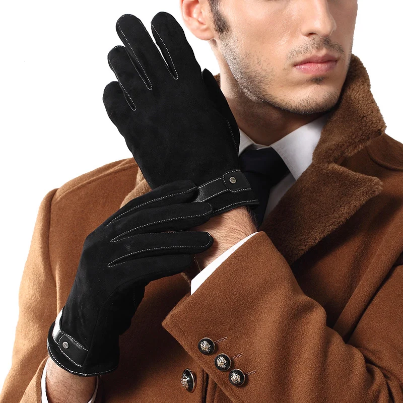 Genuine Leather Gloves Male Black Men Suede Sheepskin Gloves Autumn Winter Warm Wrist Buckle Driving Glove 9001