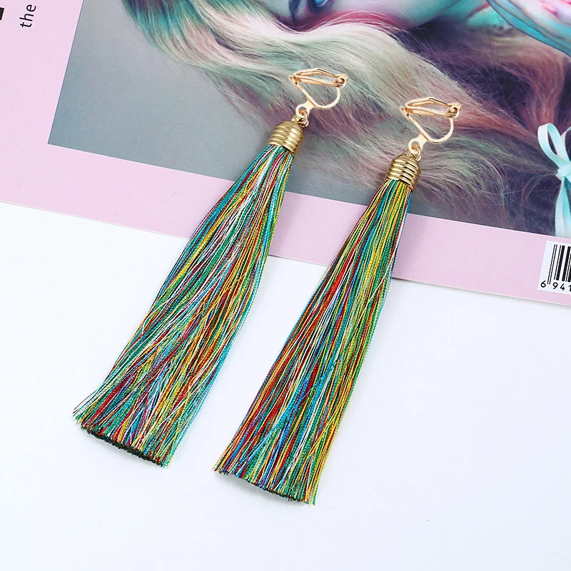 12cm&5.1\'\' Long Tassel Fiber Clip on Earrings No Pierced for Women Party Fashion Bohemia Bridal Wedding  Ear Clip Anti-allergy