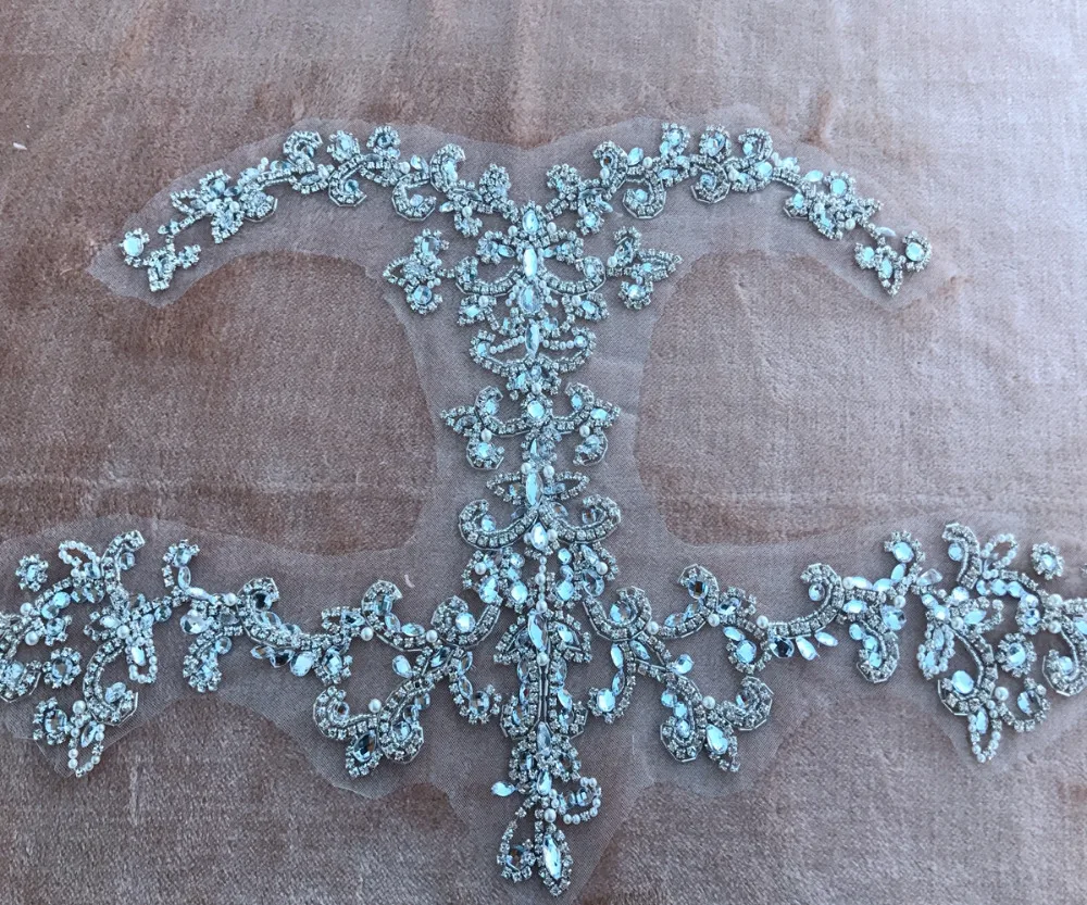 

hand made silver sew on Rhinestones applique on mesh crystal patches trim 55*36cm&22*13cm