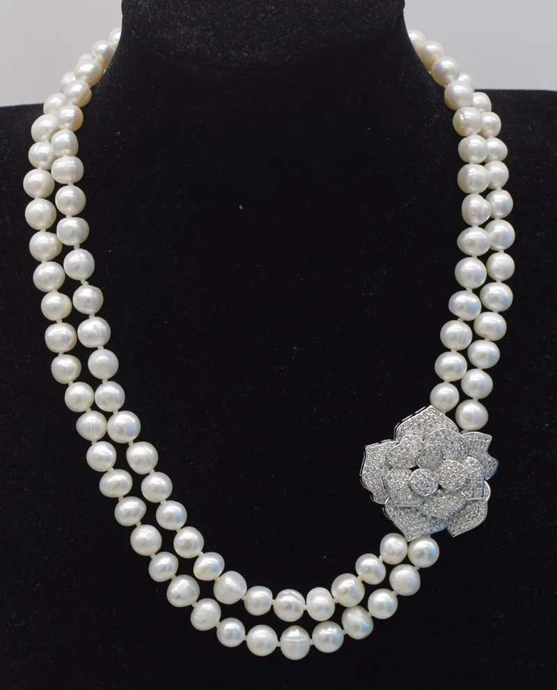 

2rows freshwater pearl white near round -9mm and flower pendant necklace 17-18inch FPPJ wholesale beads nature