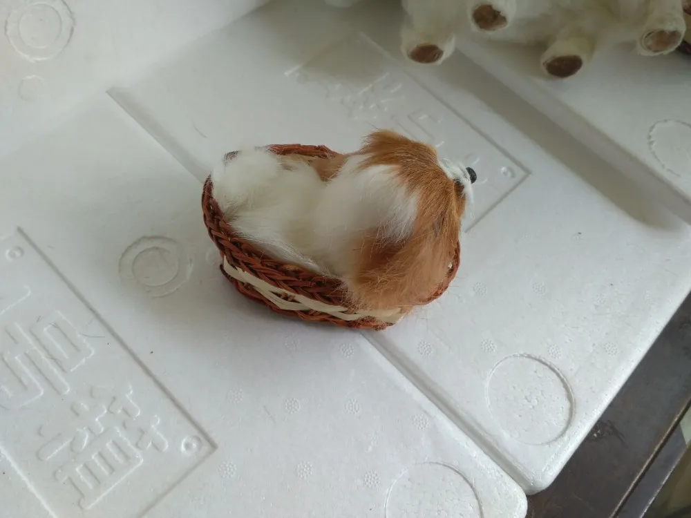 about 10x6x8cm prone dog model ,with basket ,polyethylene&furs handicraft Miniatures decoration gift a2263