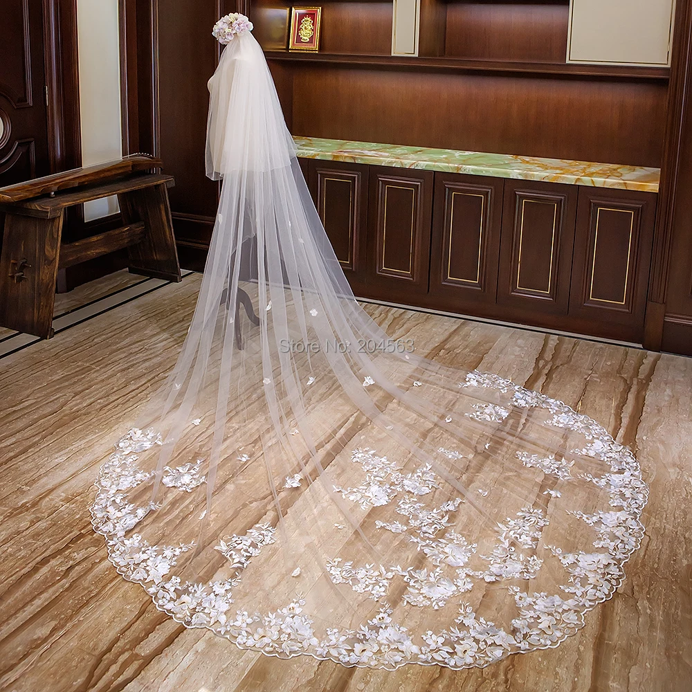 Two-Layer Lace Wedding Veil with Champagne Appliques Stunning Long Bridal Veils with Comb AX2019