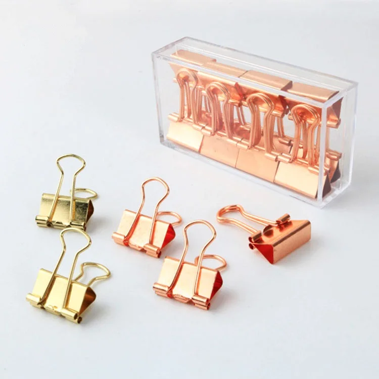 12 Pcs/box 19mm Luxury Rose Gold Color Metal Clamp Chancery Paper Documents Organizer Binder Clip Paper Organizer Clips Set