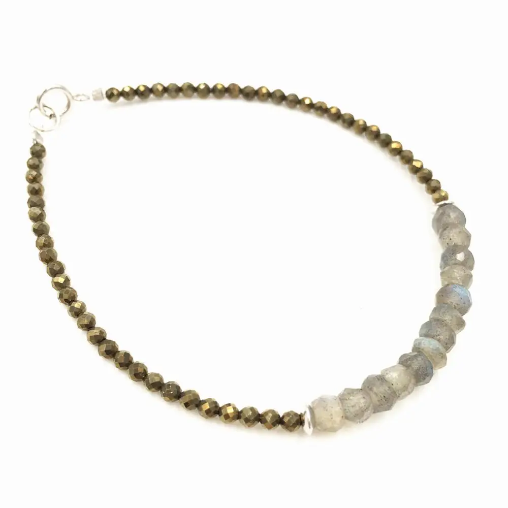 

LiiJi Пирит Лабрадорит Стерлинговое серебро 925 пробы Нежный браслет Браслет из целебного камня для мужчин или женщин 7-8 дюймов