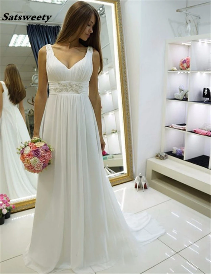 Vestido De Noiva Sexy V neck Cheap Beach Wedding Dresses white Chiffon beading Robe De Mariage Bridal gown