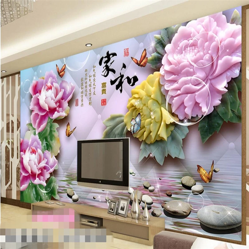 

beibehang wall murals wall stickers jade carving reflection peony TV backdrop wall papel de parede wallpaper for walls 3 d