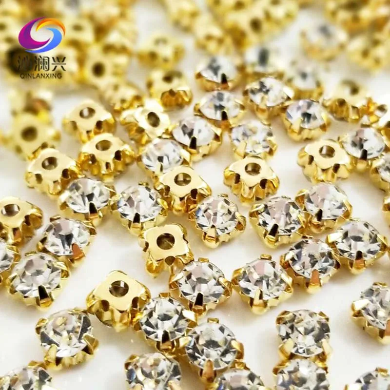 Gold Bottom Setting Crystal Glass Rhinestones, White Color Sew on Stones, Use for Needlework, Diy/jewelry Accessories