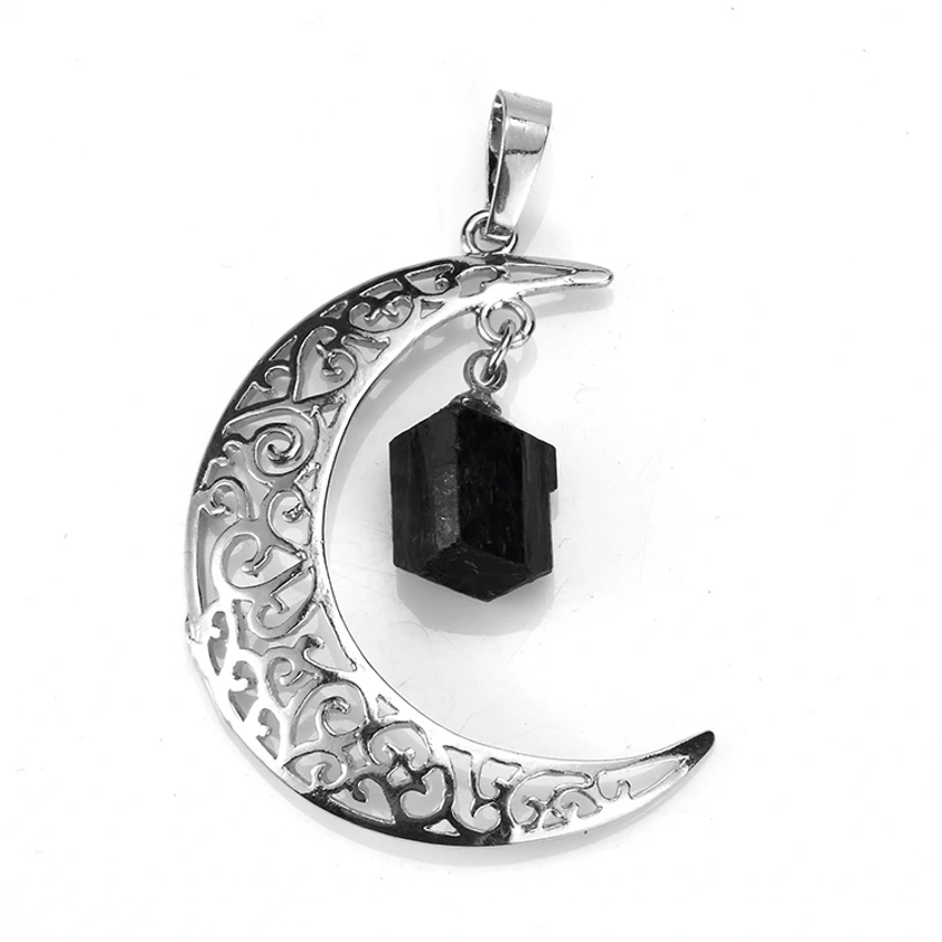 Crescent Moon Dangel Irregular Crystal Stone Pendant For Women Necklace DIY Natural Amethyst Black Tourmaline Stone Man Jewelry