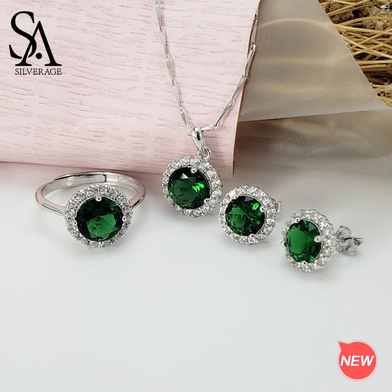 SA SILVERAGE 925 Sterling Silver Green/Red Crystal Round Pendant Necklaces Stud Earrings Wedding Rings Jewelry Set 3-pieces Sets