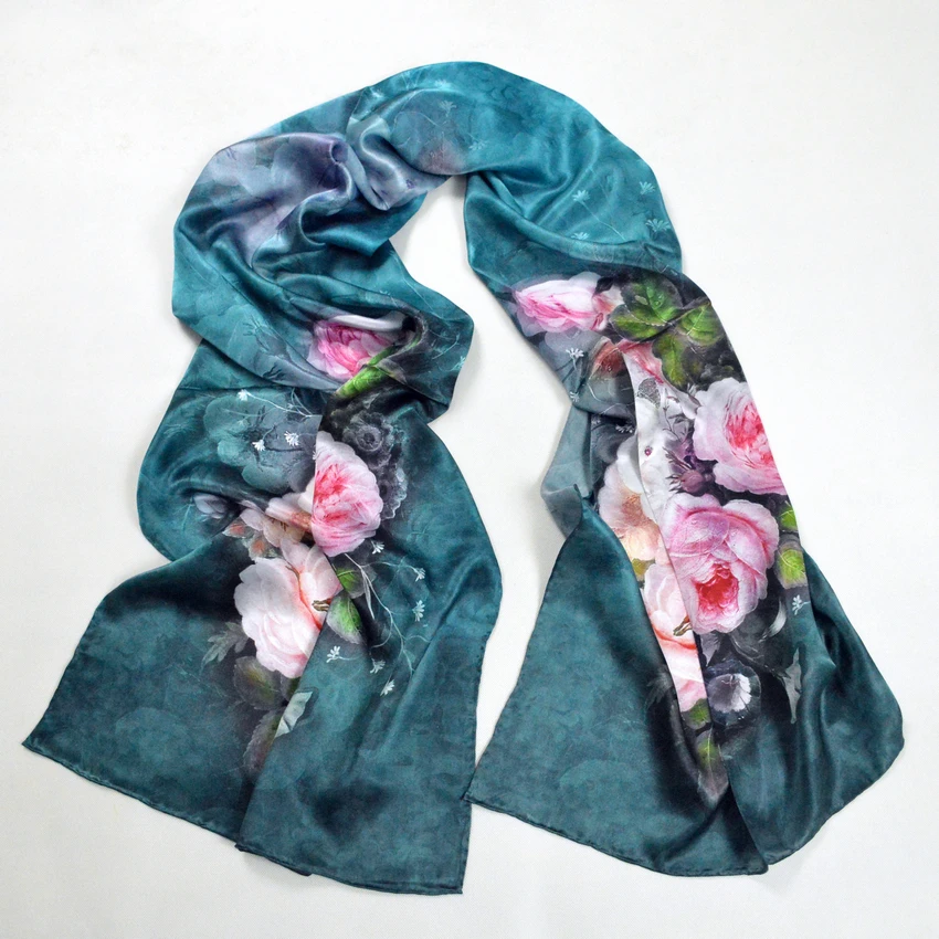 [BYSIFA] Ink Blue Women Scarf Shawl Autumn Winter Warm Pure Silk Scarf 178*52cm 100% Pure Silk Long Scarf Chinese Roses Scarves